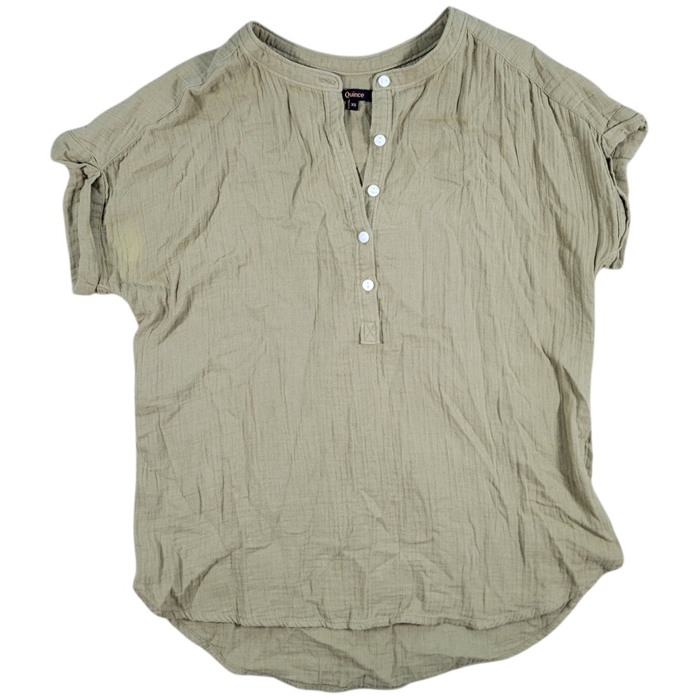 Quince Organic Cotton Gauze Top Womens XS Green Short Roll Sleeve Boho Casual